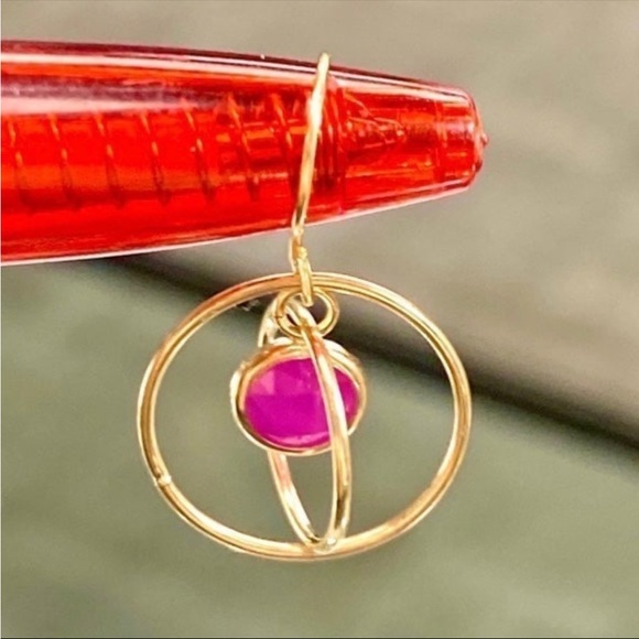 10k Yellow Gold 2 Carat Ruby Orbiting Dangle Saturn Spinning Drop Earrings - Picture 9 of 12